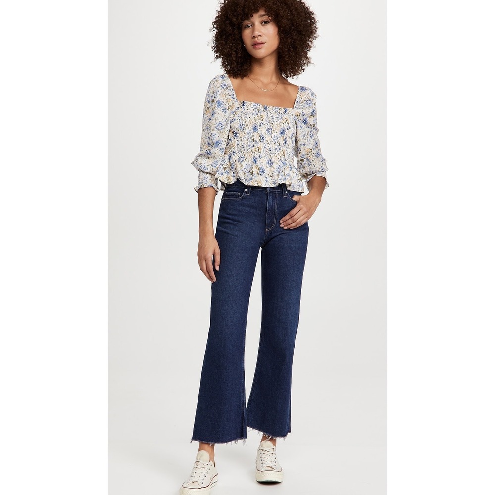 Paige Leenah Ankle High Rise Wide Leg Raw Hem Jeans in Dark Indigo | Size 28